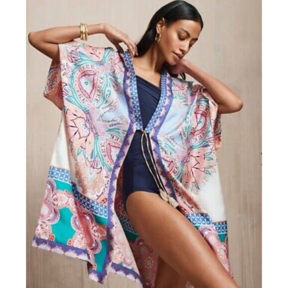 Chicos Silk Medallion Print Ruana Wrap Caftan Duster Sz L/XL - Picture 1 of 7